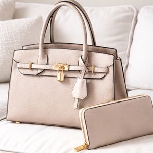 TU.LX Madison 2 Piece Set Leather Birkin-Style Bag Wallet with Crossbody Strap